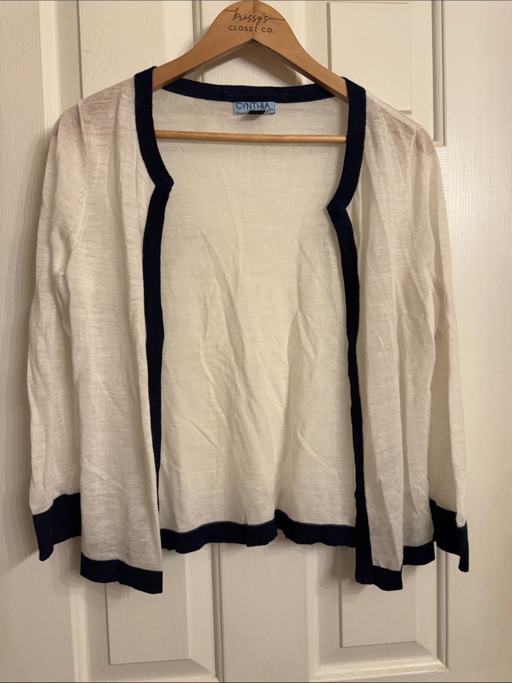 Cynthia Rowley Ivory Open-Front Cardigan with Navy Trim